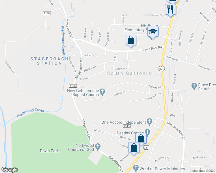 map of restaurants, bars, coffee shops, grocery stores, and more near 518 Queens Road in Gastonia