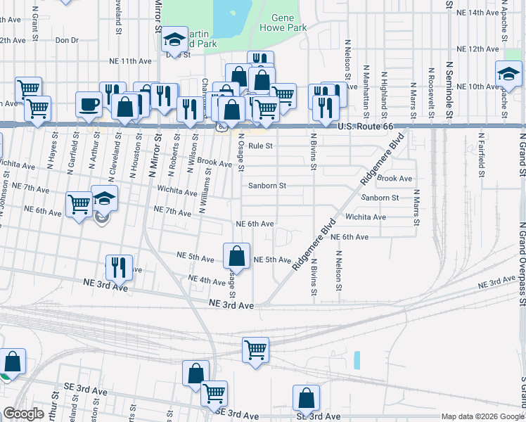 map of restaurants, bars, coffee shops, grocery stores, and more near 2300-2312 NE 6th Ave in Amarillo