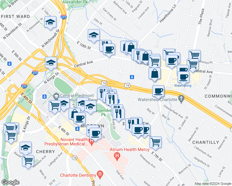 map of restaurants, bars, coffee shops, grocery stores, and more near in Charlotte