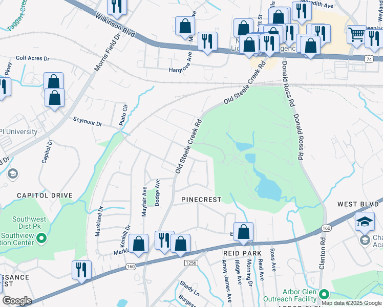 map of restaurants, bars, coffee shops, grocery stores, and more near 2401 Westgrove Drive in Charlotte