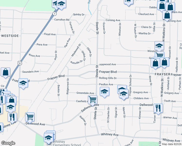 map of restaurants, bars, coffee shops, grocery stores, and more near 1420 Rolling Hills Drive in Memphis