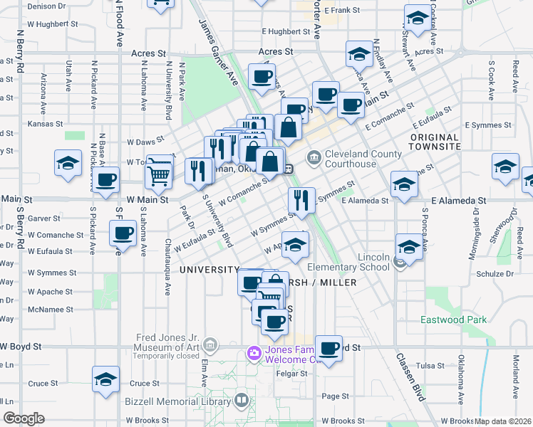 map of restaurants, bars, coffee shops, grocery stores, and more near 219 West Symmes Street in Norman