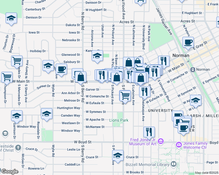 map of restaurants, bars, coffee shops, grocery stores, and more near 903 West Comanche Street in Norman