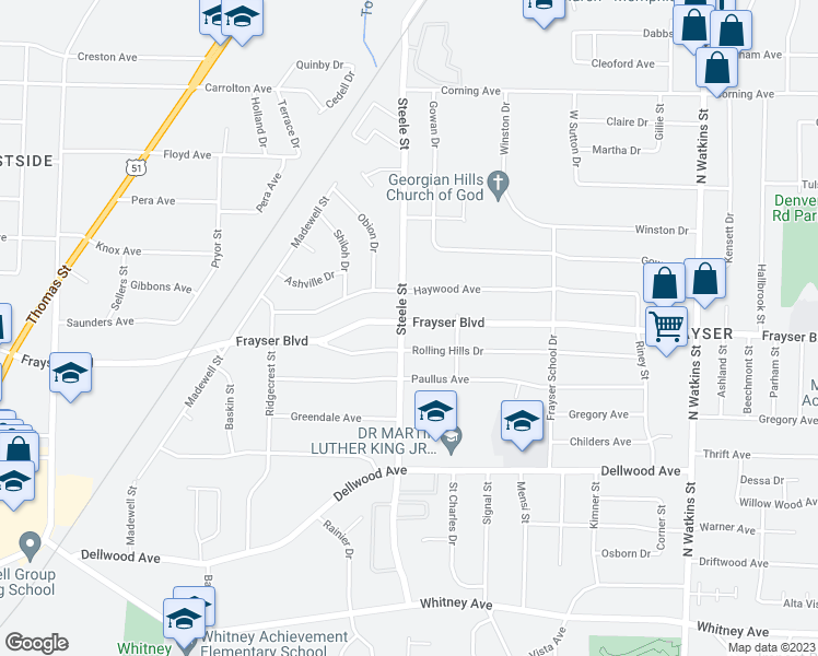 map of restaurants, bars, coffee shops, grocery stores, and more near 1473 Frayser Boulevard in Memphis