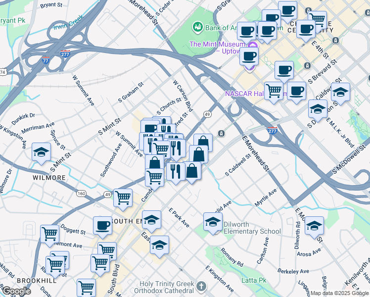 map of restaurants, bars, coffee shops, grocery stores, and more near 1312 South College Street in Charlotte