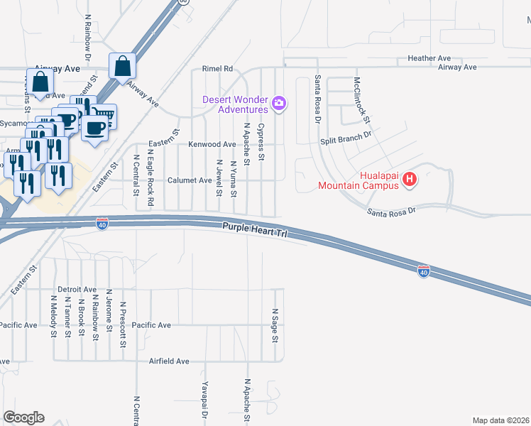 map of restaurants, bars, coffee shops, grocery stores, and more near Interstate 40 in Kingman