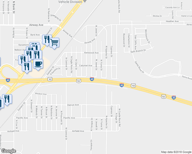 map of restaurants, bars, coffee shops, grocery stores, and more near 3401 Beverly Avenue in Kingman