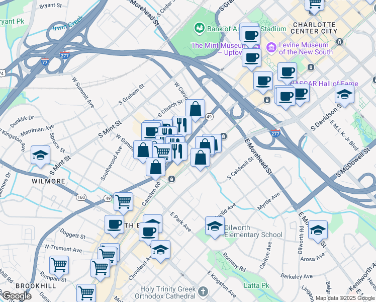 map of restaurants, bars, coffee shops, grocery stores, and more near 1312 South College Street in Charlotte