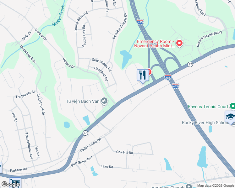 map of restaurants, bars, coffee shops, grocery stores, and more near 8721 Gray Willow Road in Charlotte
