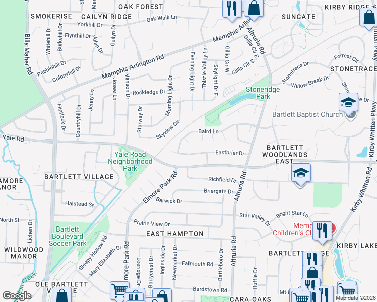 map of restaurants, bars, coffee shops, grocery stores, and more near 3398 Staples Cove in Bartlett