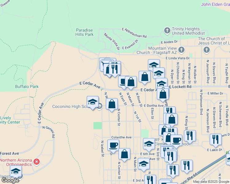 map of restaurants, bars, coffee shops, grocery stores, and more near 1490 East Cedar Avenue in Flagstaff