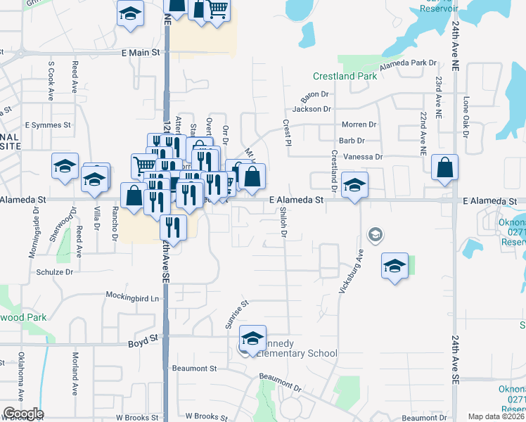 map of restaurants, bars, coffee shops, grocery stores, and more near 1503 Alameda Street in Norman