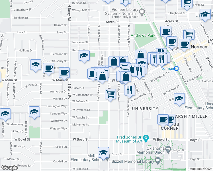 map of restaurants, bars, coffee shops, grocery stores, and more near 705 West Main Street in Norman