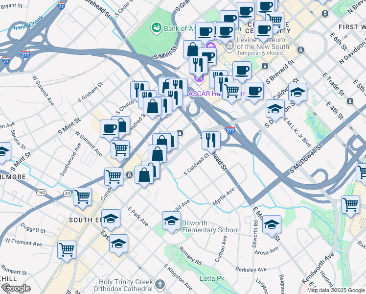 map of restaurants, bars, coffee shops, grocery stores, and more near 1100 South Boulevard in Charlotte