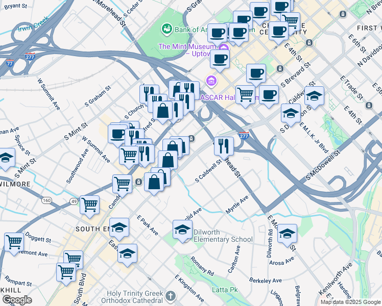 map of restaurants, bars, coffee shops, grocery stores, and more near 1100 South Boulevard in Charlotte