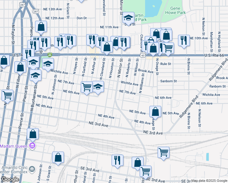 map of restaurants, bars, coffee shops, grocery stores, and more near 705 North Mirror Street in Amarillo
