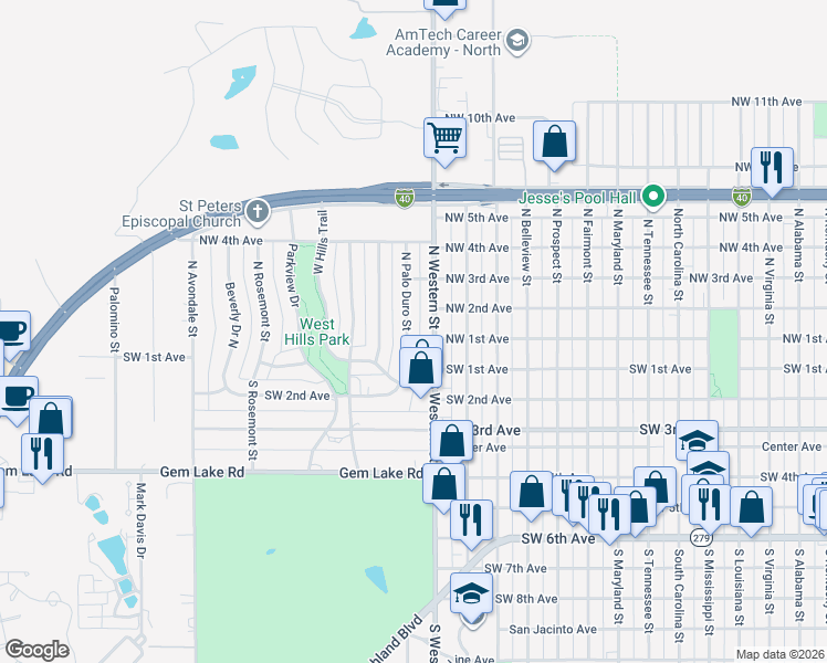 map of restaurants, bars, coffee shops, grocery stores, and more near 111 North Western Street in Amarillo