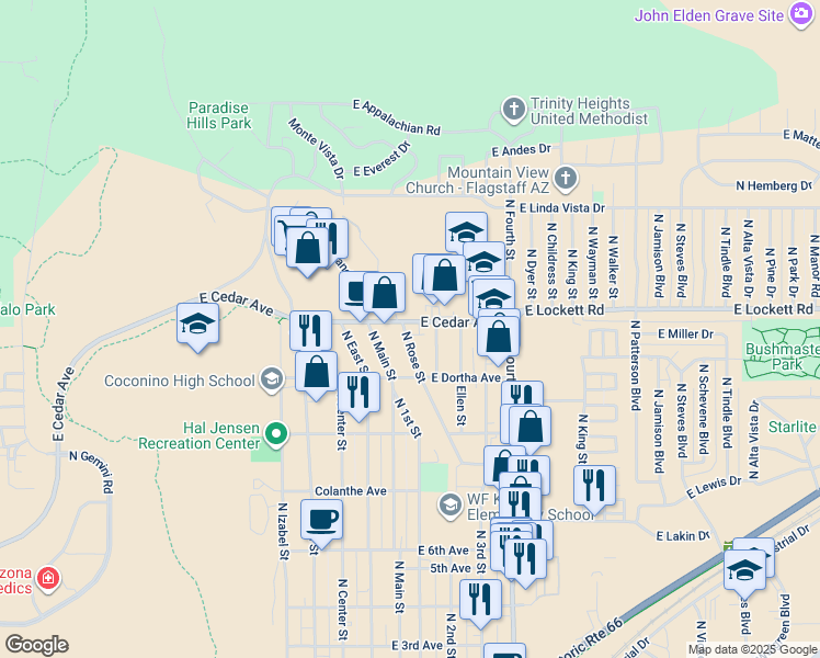 map of restaurants, bars, coffee shops, grocery stores, and more near 3108 Monte Vista Drive in Flagstaff