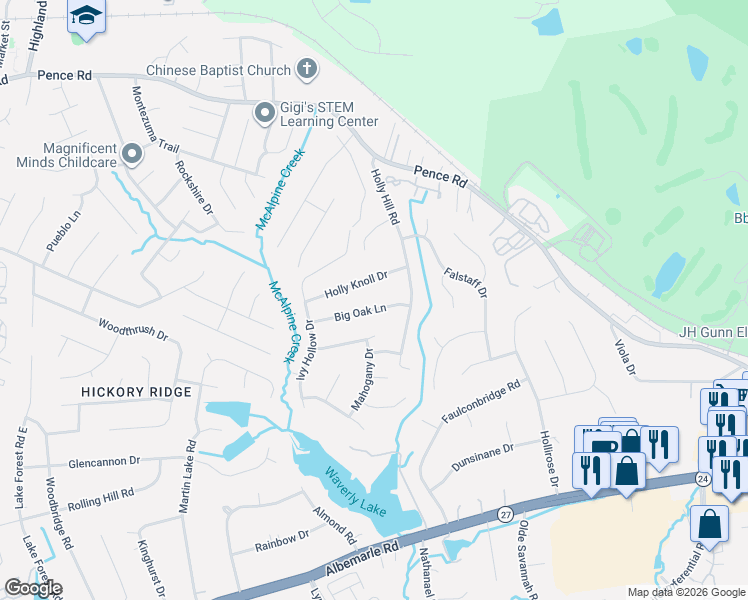 map of restaurants, bars, coffee shops, grocery stores, and more near 6306 Holly Knoll Drive in Charlotte