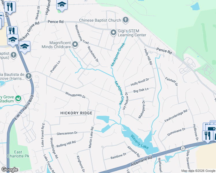 map of restaurants, bars, coffee shops, grocery stores, and more near 6425 Calliope Court in Charlotte
