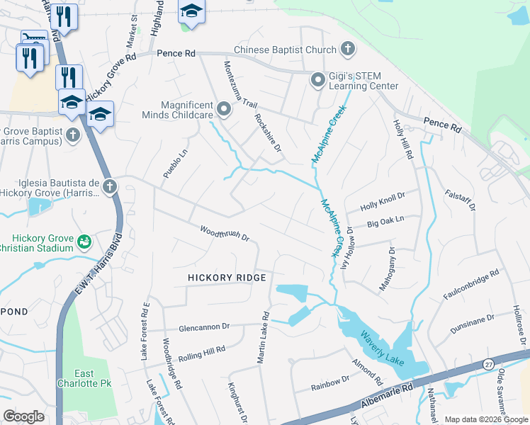 map of restaurants, bars, coffee shops, grocery stores, and more near 6352 Trysting Road in Charlotte