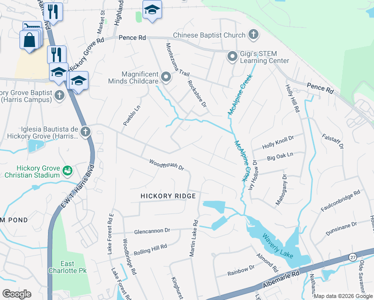 map of restaurants, bars, coffee shops, grocery stores, and more near 6821 Arroyo Drive in Charlotte
