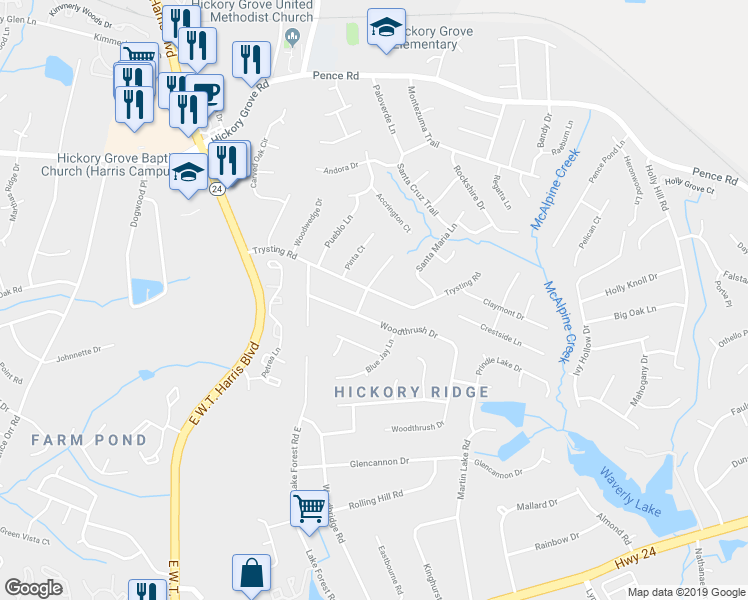 map of restaurants, bars, coffee shops, grocery stores, and more near 6039 Trysting Road in Charlotte