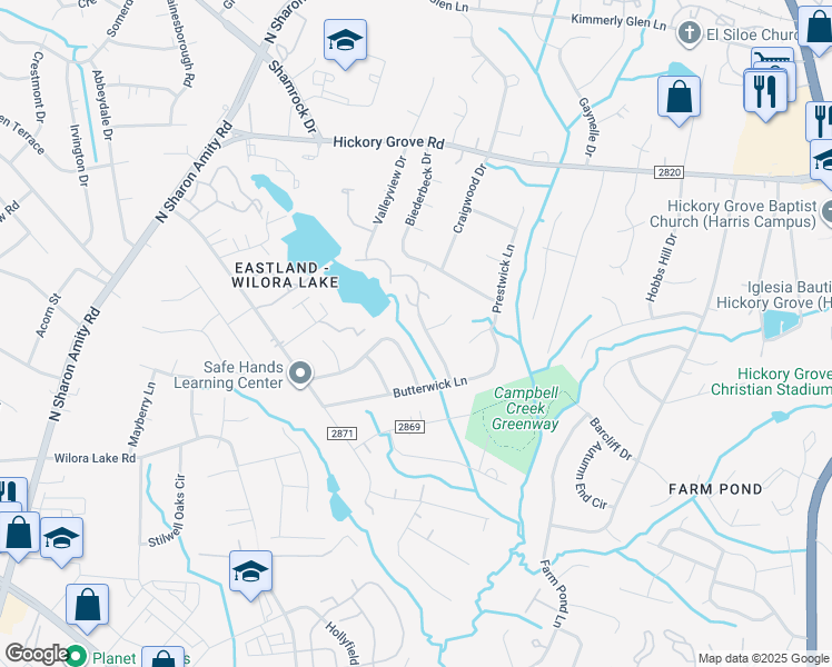 map of restaurants, bars, coffee shops, grocery stores, and more near 4716 Topsail Court in Charlotte