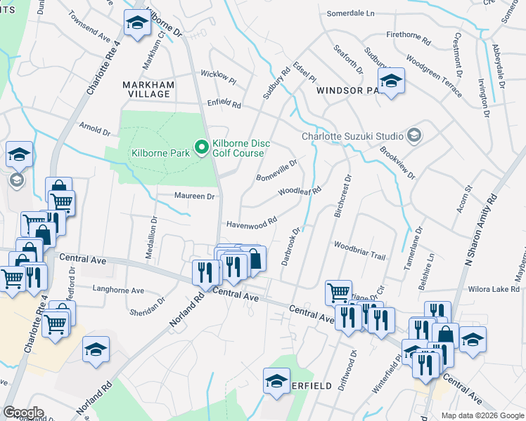 map of restaurants, bars, coffee shops, grocery stores, and more near 3341 Woodleaf Road in Charlotte