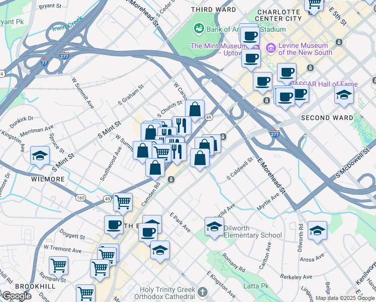 map of restaurants, bars, coffee shops, grocery stores, and more near 1310 South Tryon Street in Charlotte