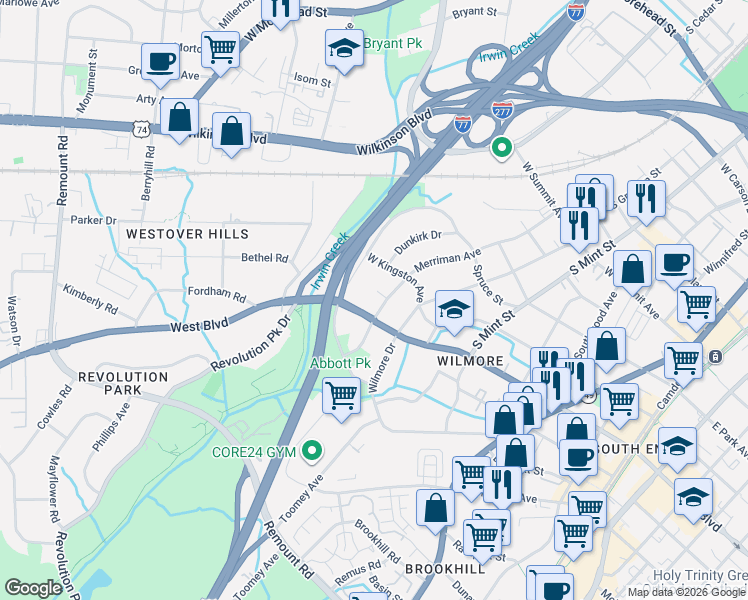 map of restaurants, bars, coffee shops, grocery stores, and more near in Charlotte