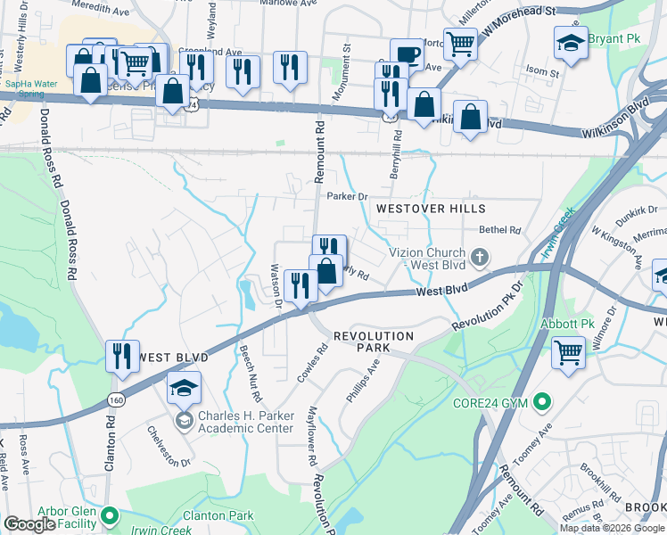 map of restaurants, bars, coffee shops, grocery stores, and more near 1528 Kimberly Road in Charlotte