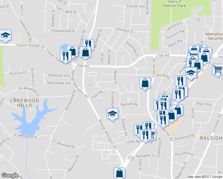 map of restaurants, bars, coffee shops, grocery stores, and more near 4204 Crain Road in Memphis