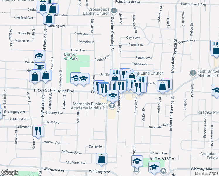 map of restaurants, bars, coffee shops, grocery stores, and more near 3397 Overton Crossing Street in Memphis