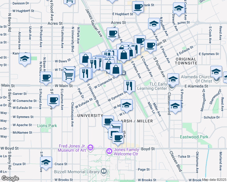 map of restaurants, bars, coffee shops, grocery stores, and more near 211 West Eufaula Street in Norman
