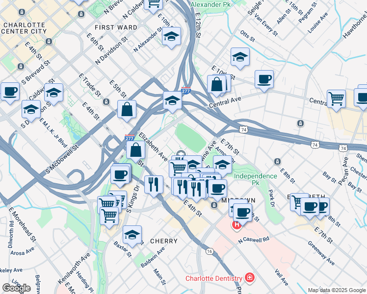 map of restaurants, bars, coffee shops, grocery stores, and more near 1300 Park Drive in Charlotte