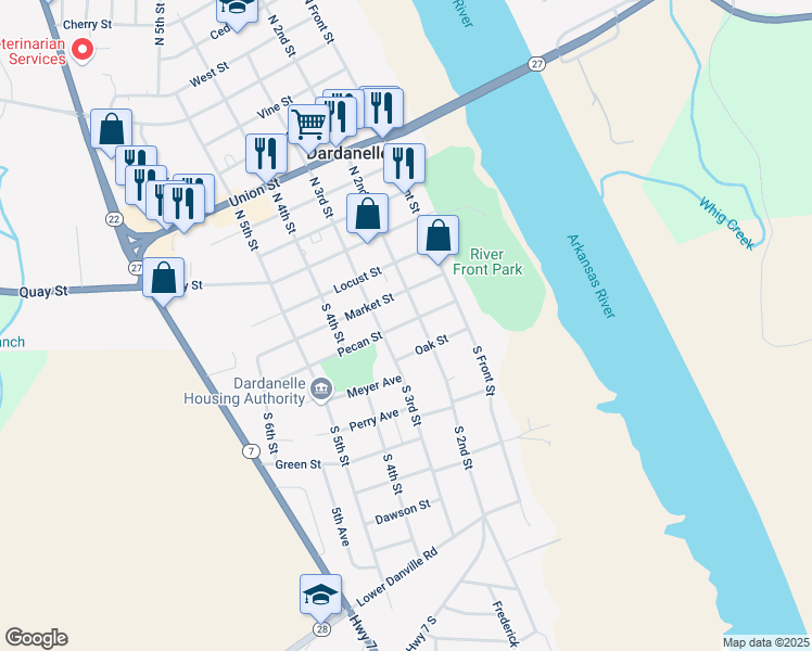 map of restaurants, bars, coffee shops, grocery stores, and more near 203 Pecan Street in Dardanelle