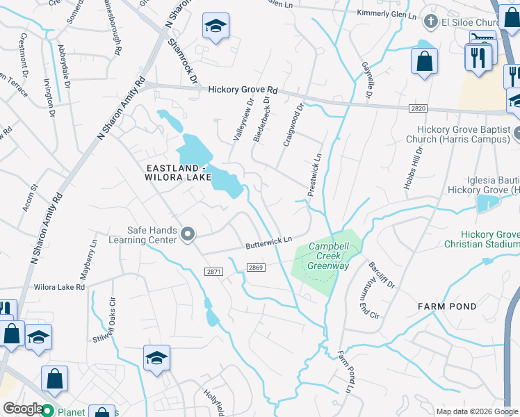 map of restaurants, bars, coffee shops, grocery stores, and more near 4716 Topsail Court in Charlotte