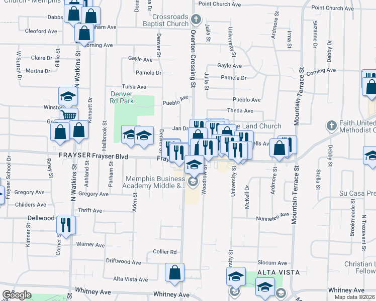 map of restaurants, bars, coffee shops, grocery stores, and more near 3397 Overton Crossing Street in Memphis