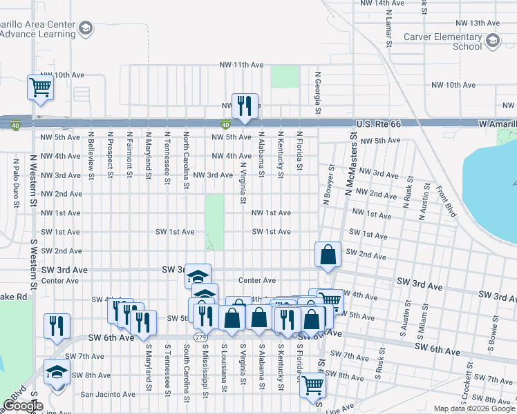 map of restaurants, bars, coffee shops, grocery stores, and more near 103 North Alabama Street in Amarillo