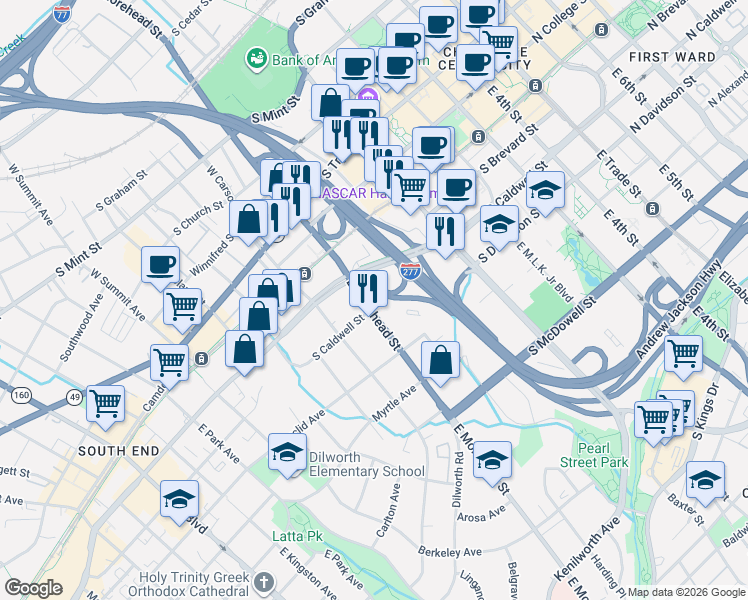 map of restaurants, bars, coffee shops, grocery stores, and more near 435 East Morehead Street in Charlotte