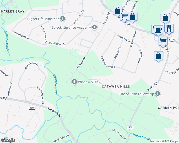 map of restaurants, bars, coffee shops, grocery stores, and more near 529 Stroupe Road in Gastonia