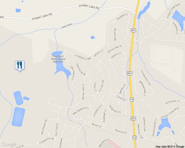map of restaurants, bars, coffee shops, grocery stores, and more near 11 Monroe Lane in Pinehurst