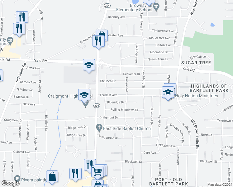 map of restaurants, bars, coffee shops, grocery stores, and more near 5150 Fernleaf Avenue in Memphis
