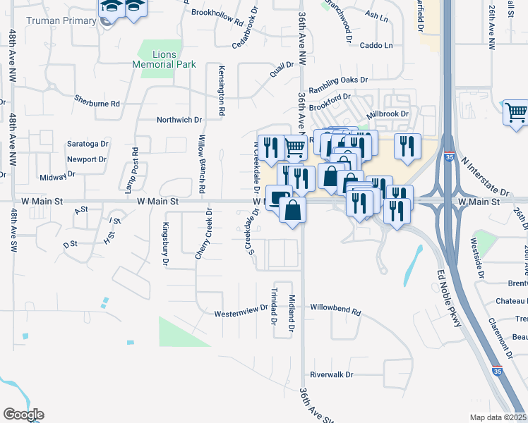 map of restaurants, bars, coffee shops, grocery stores, and more near 109 South Creekdale Drive in Norman