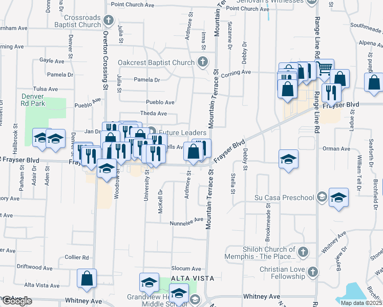 map of restaurants, bars, coffee shops, grocery stores, and more near 3382 Ardmore Street in Memphis