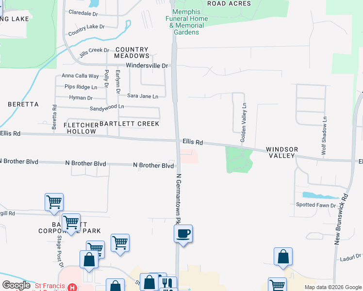 map of restaurants, bars, coffee shops, grocery stores, and more near 3406 North Germantown Parkway in Memphis