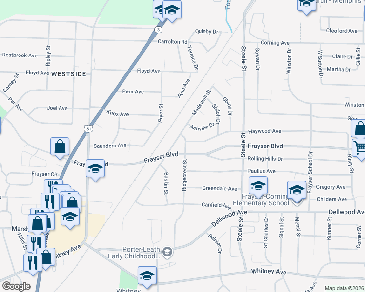map of restaurants, bars, coffee shops, grocery stores, and more near 3399 Madewell Street in Memphis