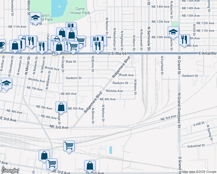 map of restaurants, bars, coffee shops, grocery stores, and more near 2709 Ridgemere Boulevard in Amarillo