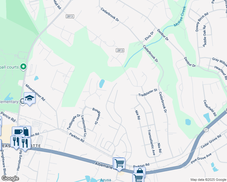 map of restaurants, bars, coffee shops, grocery stores, and more near 7636 Grandview Ridge Drive in Charlotte